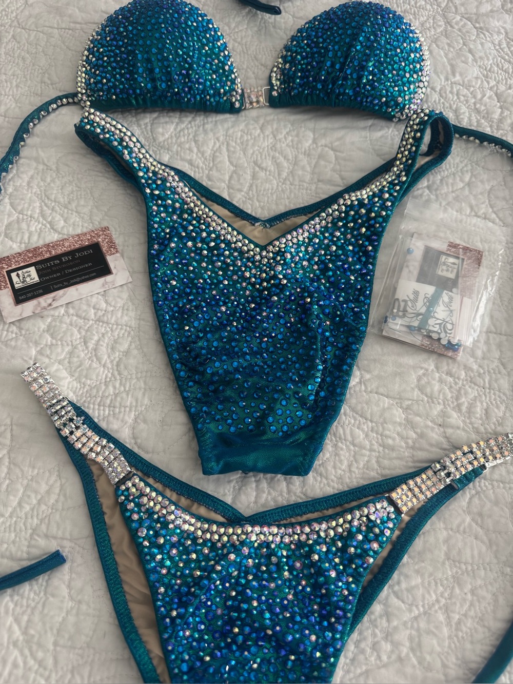Beautiful Teal Crystal Embellished One-Piece Swimsuit